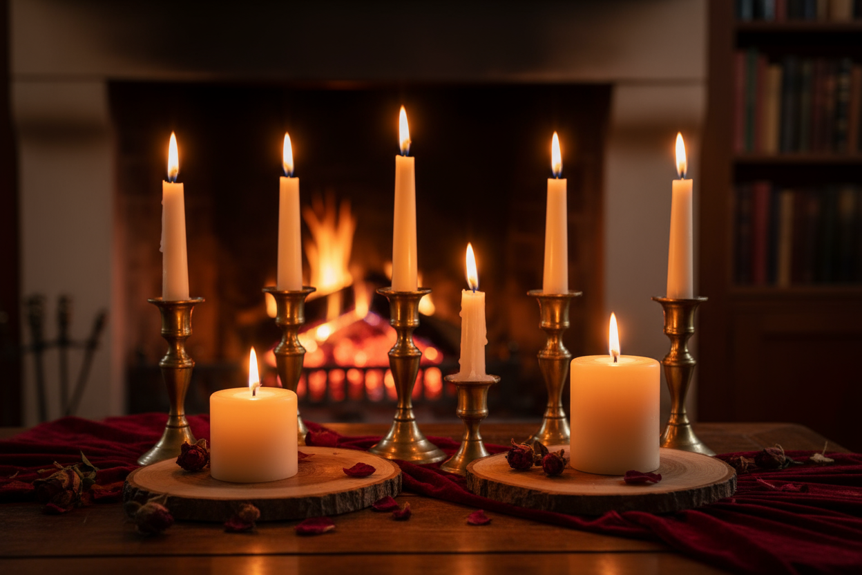 Kynttilänvalo, väreinä kulta, oranssi ja punainen