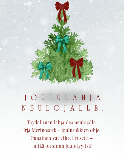 Joululahja neulojalle, langat, ohje ja jouluiset korvakorut.