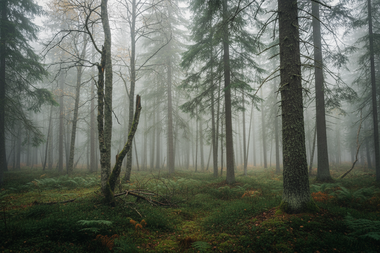 Sumuinen metsä jossa vihreää, ruskeaa ja harmaata. 